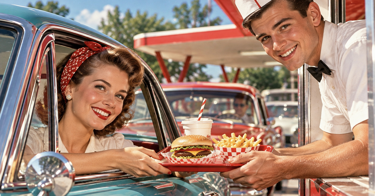Retro drive-thru customer and server